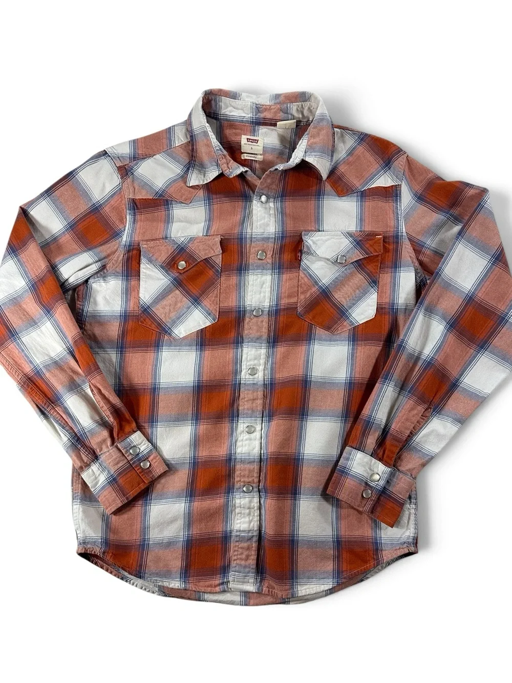 Levi's Men’s S LS Orange White & Blue Plaid Western Pearl Snap Button-Down Shirt